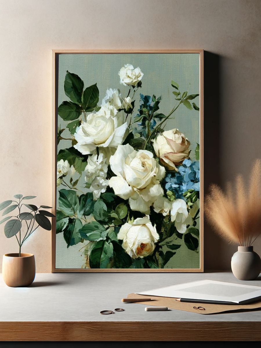 White Roses and Blue Blooms Print. — room view 2