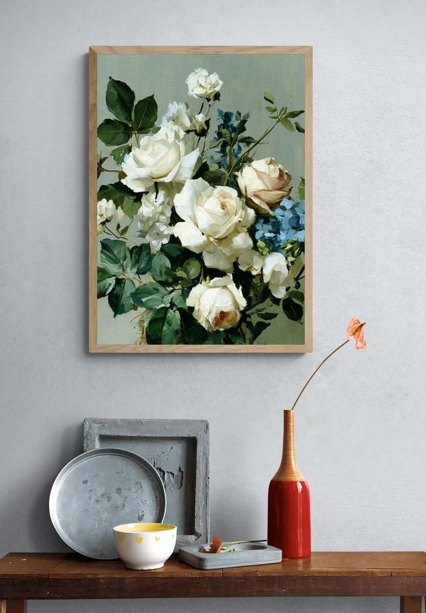 White Roses and Blue Blooms Print. — room view 3