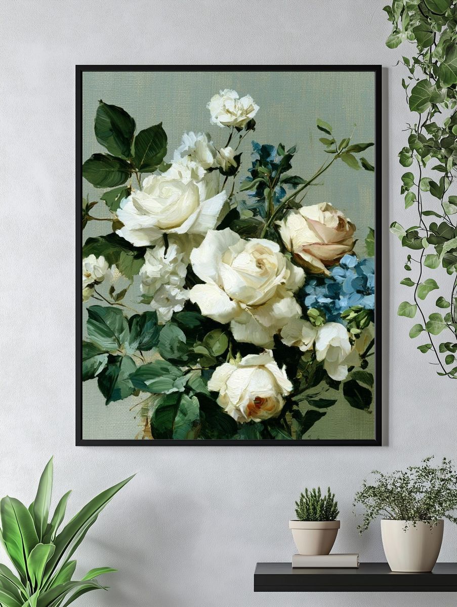 White Roses and Blue Blooms Print. — room view 4
