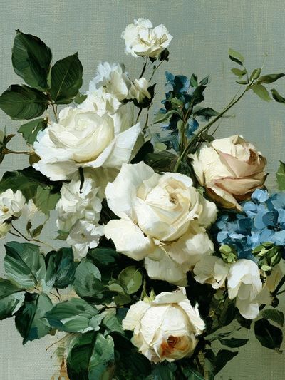 White Roses and Blue Blooms Print.
