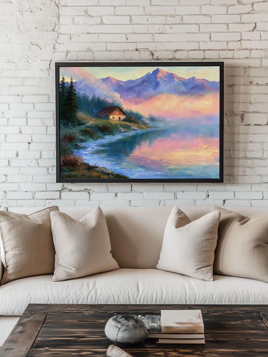 Misty Alpine Lake Fine-Art Poster. room preview