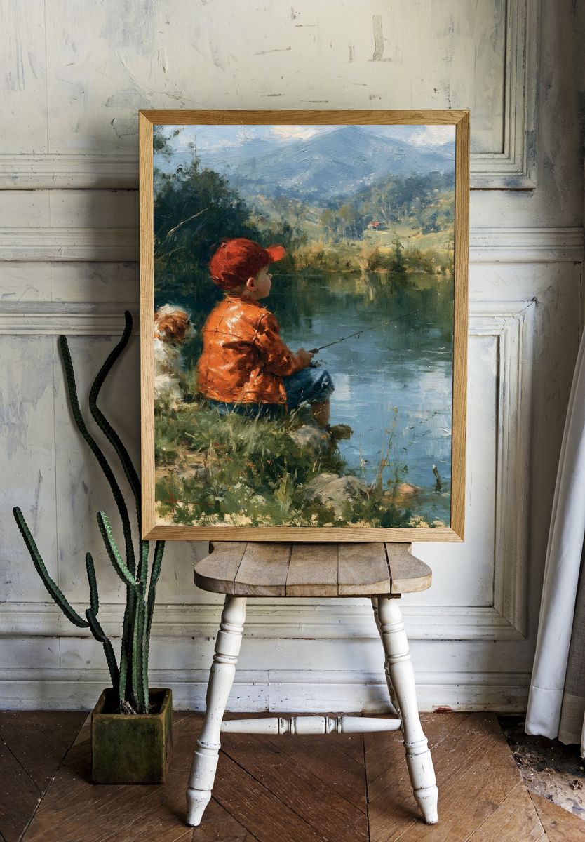 Boy Fishing by the Lake Print. — room view 1