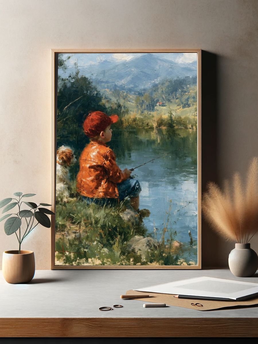 Boy Fishing by the Lake Print. — room view 2