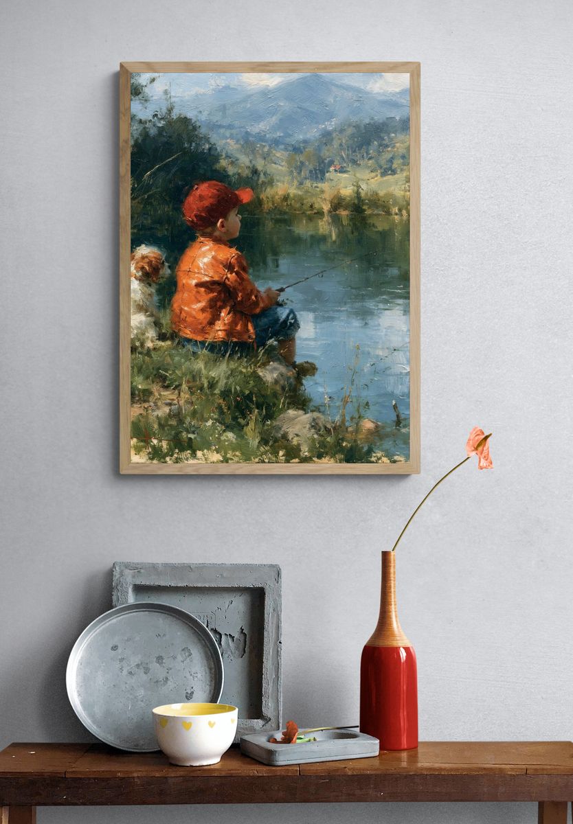 Boy Fishing by the Lake Print. — room view 3
