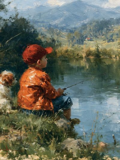 Boy Fishing by the Lake Print.