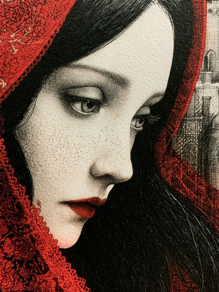 Crimson Veil Portrait Print. poster — fine-art art