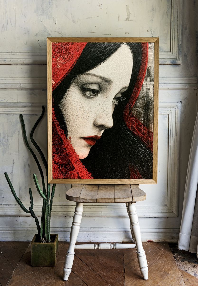 Crimson Veil Portrait Print. room preview