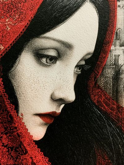 Crimson Veil Portrait Print.