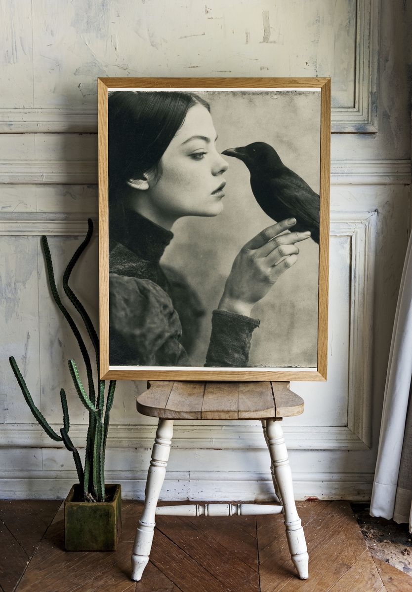 Girl and Crow Vintage Print. — room view 1