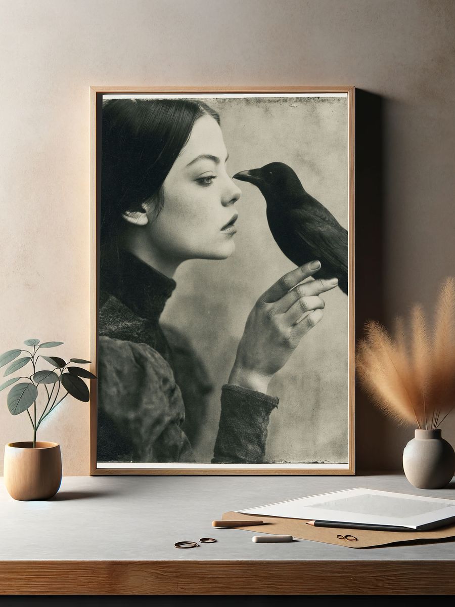 Girl and Crow Vintage Print. — room view 2