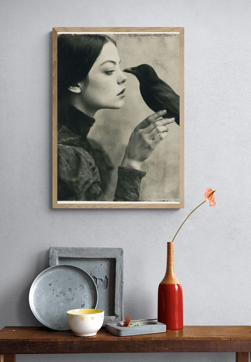 Girl and Crow Vintage Print. — room view 3