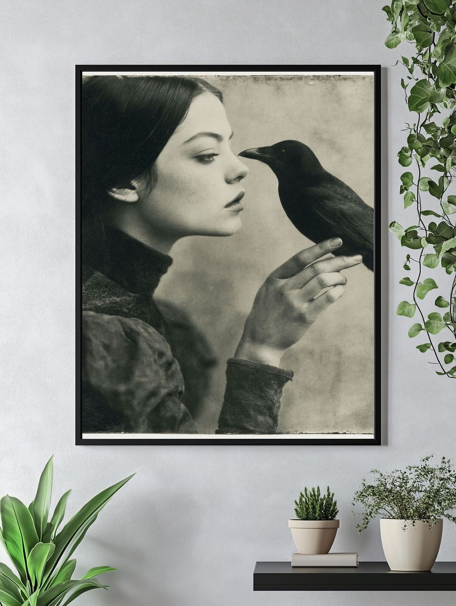 Girl and Crow Vintage Print. — room view 4