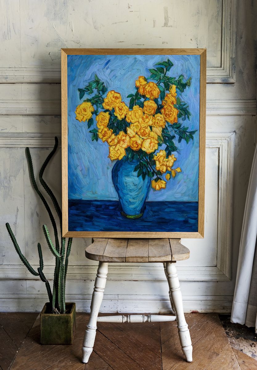 Yellow Roses in Blue Vase Print. room preview