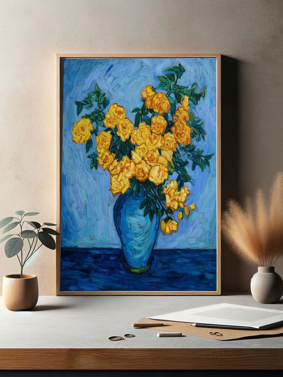 Yellow Roses in Blue Vase Print. — room view 2