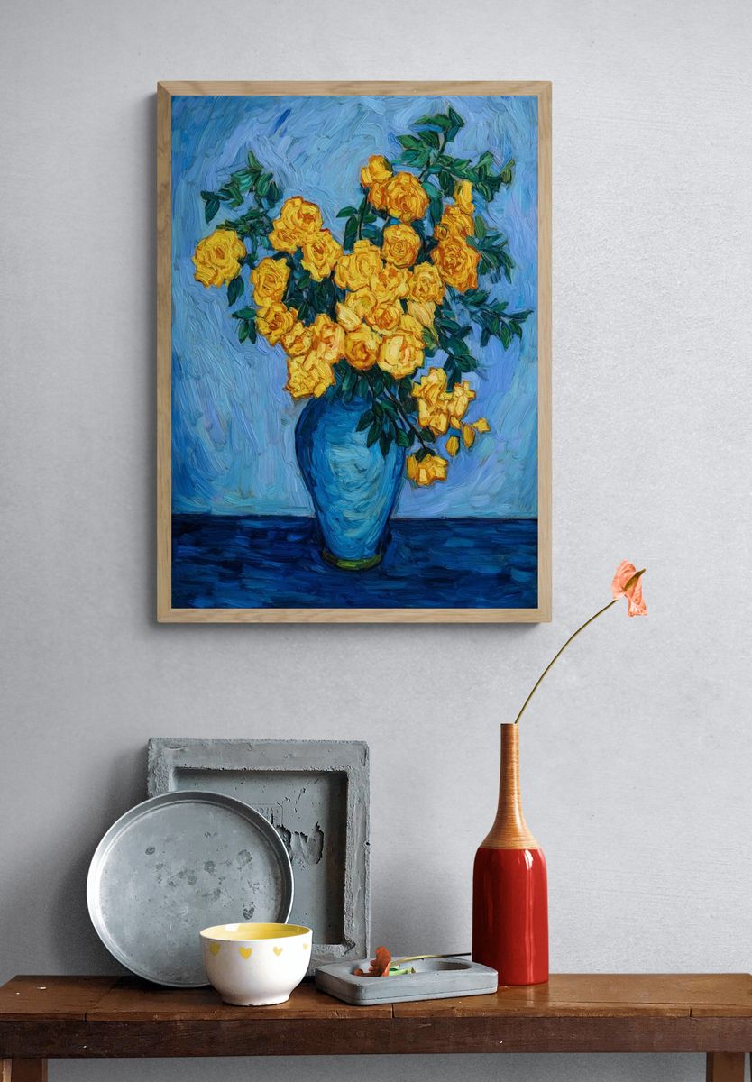Yellow Roses in Blue Vase Print. — room view 3