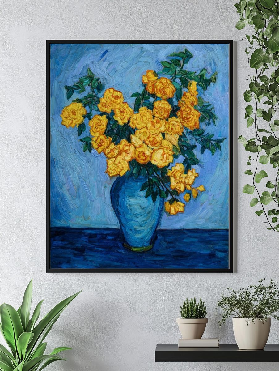 Yellow Roses in Blue Vase Print. — room view 4