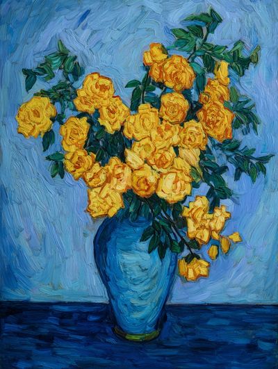 Yellow Roses in Blue Vase Print.