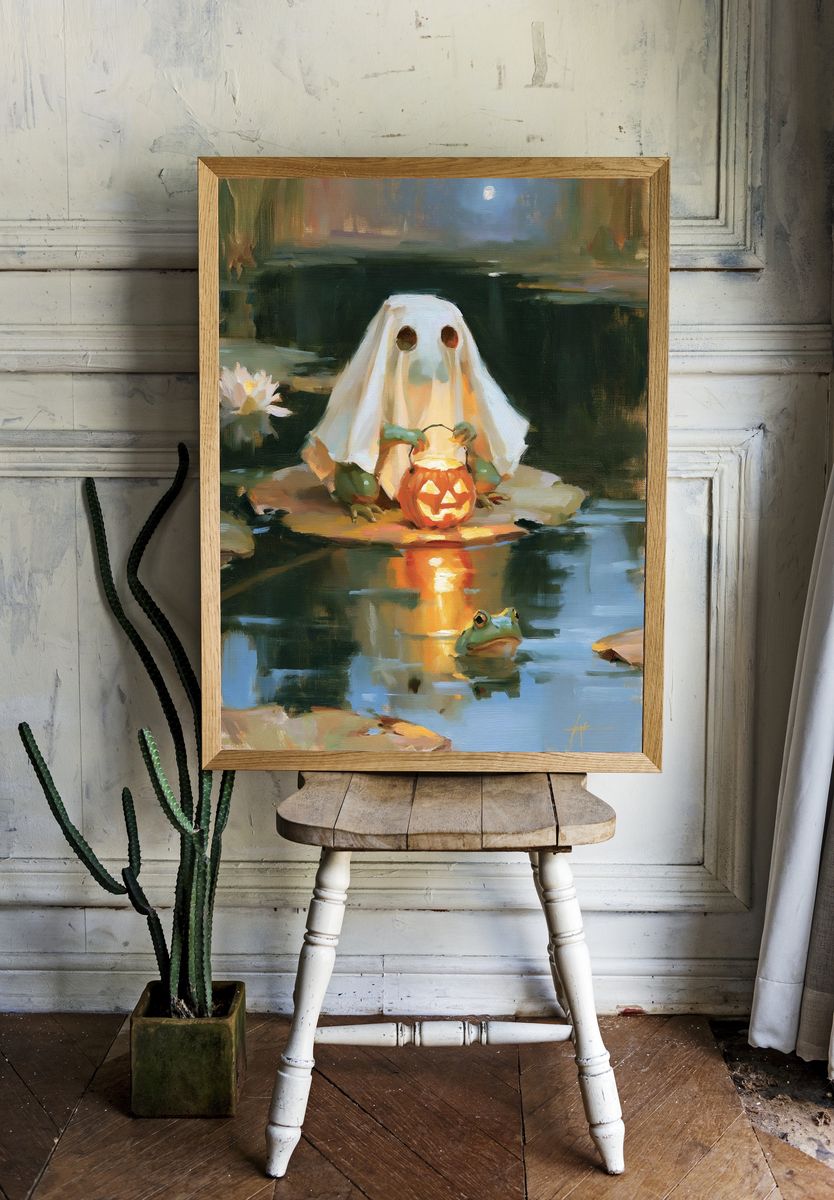 Halloween Ghost and Frog Pond Print. room preview