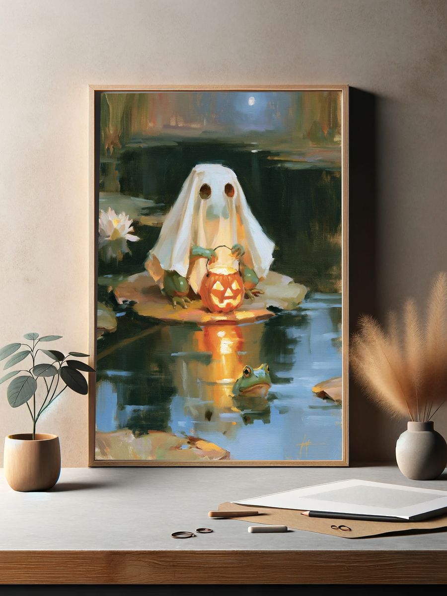 Halloween Ghost and Frog Pond Print. — room view 2