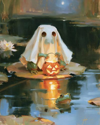 Halloween Ghost and Frog Pond Print.