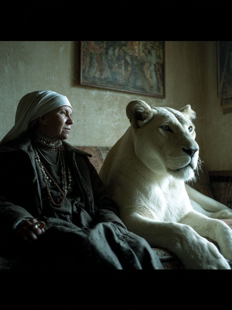 Woman with White Lion — Fine Art Print. poster — fine-art art