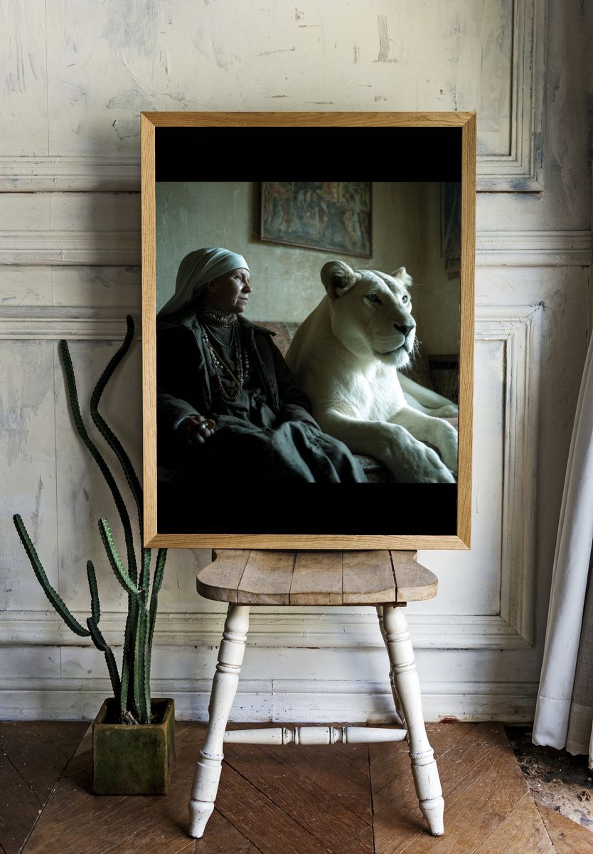 Woman with White Lion — Fine Art Print. — room view 1