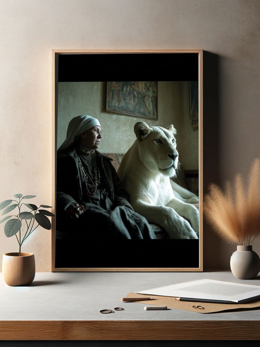 Woman with White Lion — Fine Art Print. — room view 2