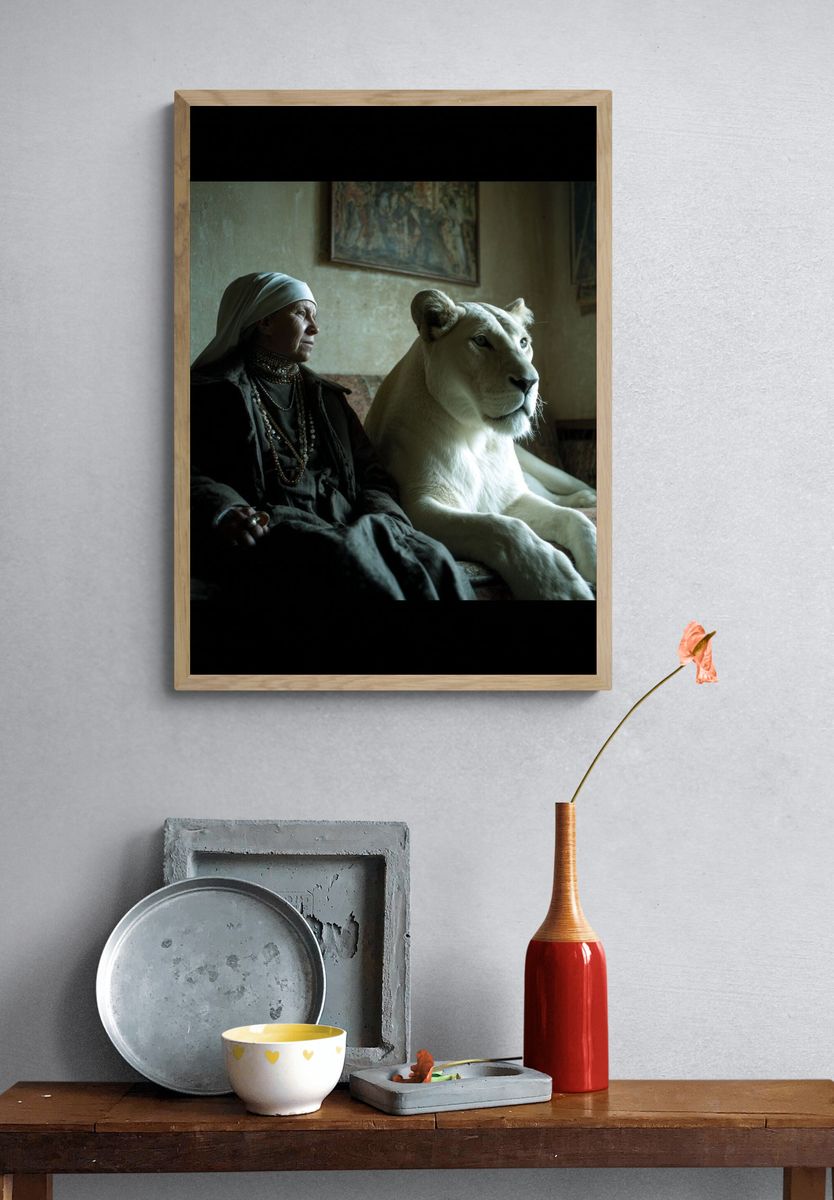 Woman with White Lion — Fine Art Print. — room view 3