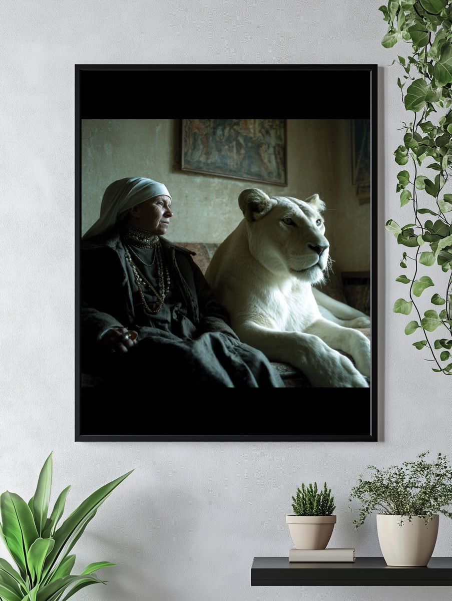 Woman with White Lion — Fine Art Print. — room view 4