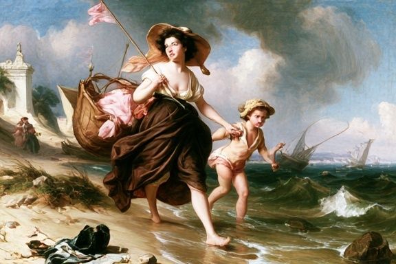 Seaside Mother and Child Painting Poster. poster detail