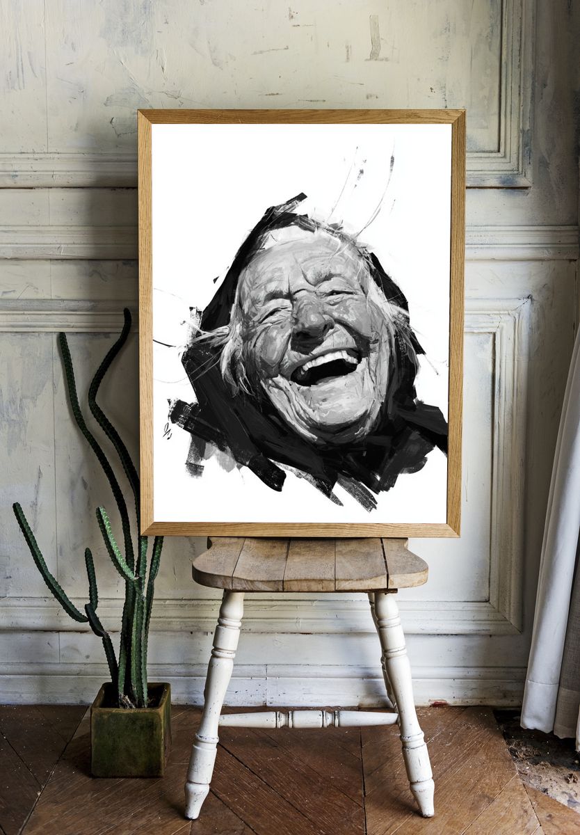 Laughing Elder Portrait Print. — room view 1