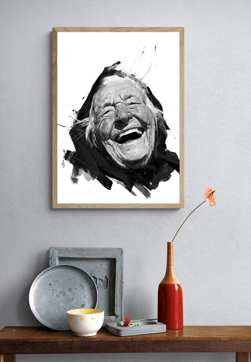 Laughing Elder Portrait Print. — room view 3