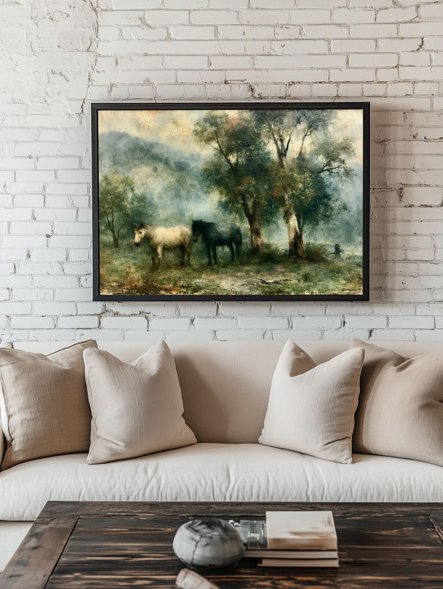 Horses in Misty Meadow Fine-Art Poster. — room view 1