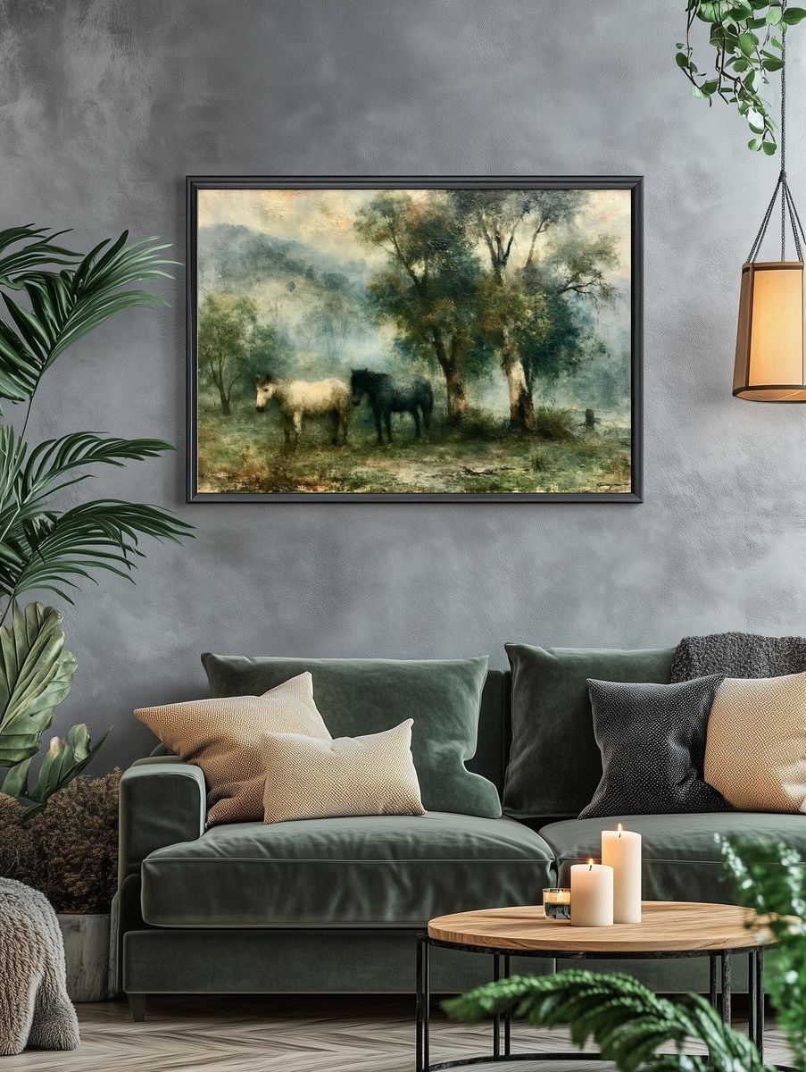 Horses in Misty Meadow Fine-Art Poster. — room view 4