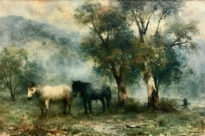 Horses in Misty Meadow Fine-Art Poster.