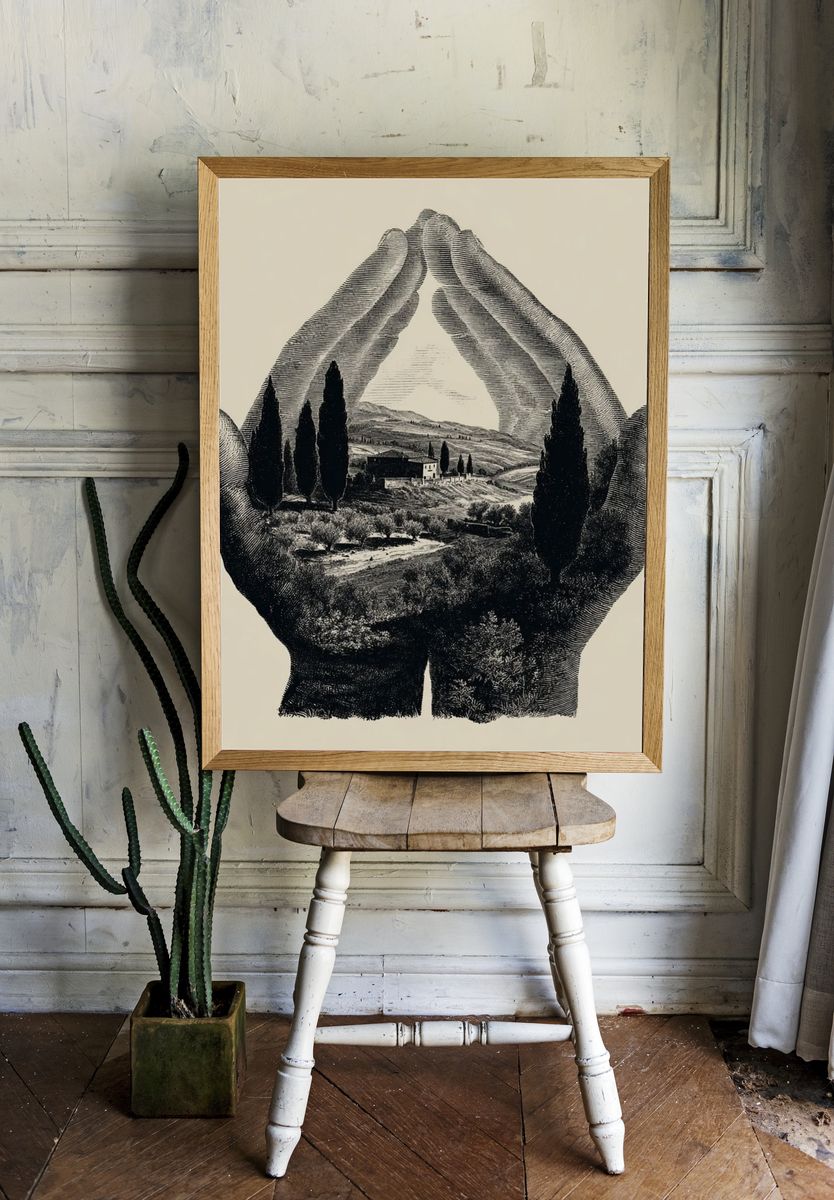 Hands Holding Landscape — Fine Art Print. — room view 1