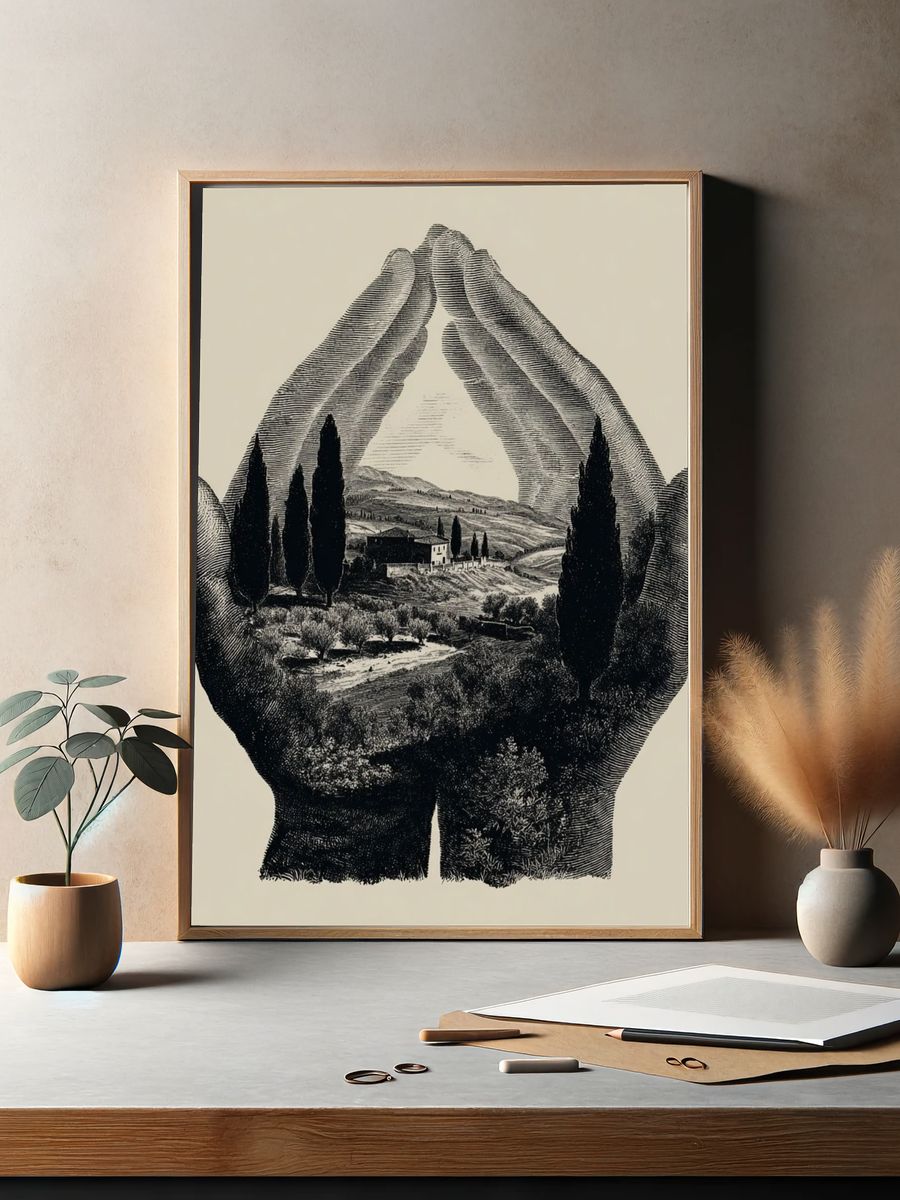 Hands Holding Landscape — Fine Art Print. — room view 2