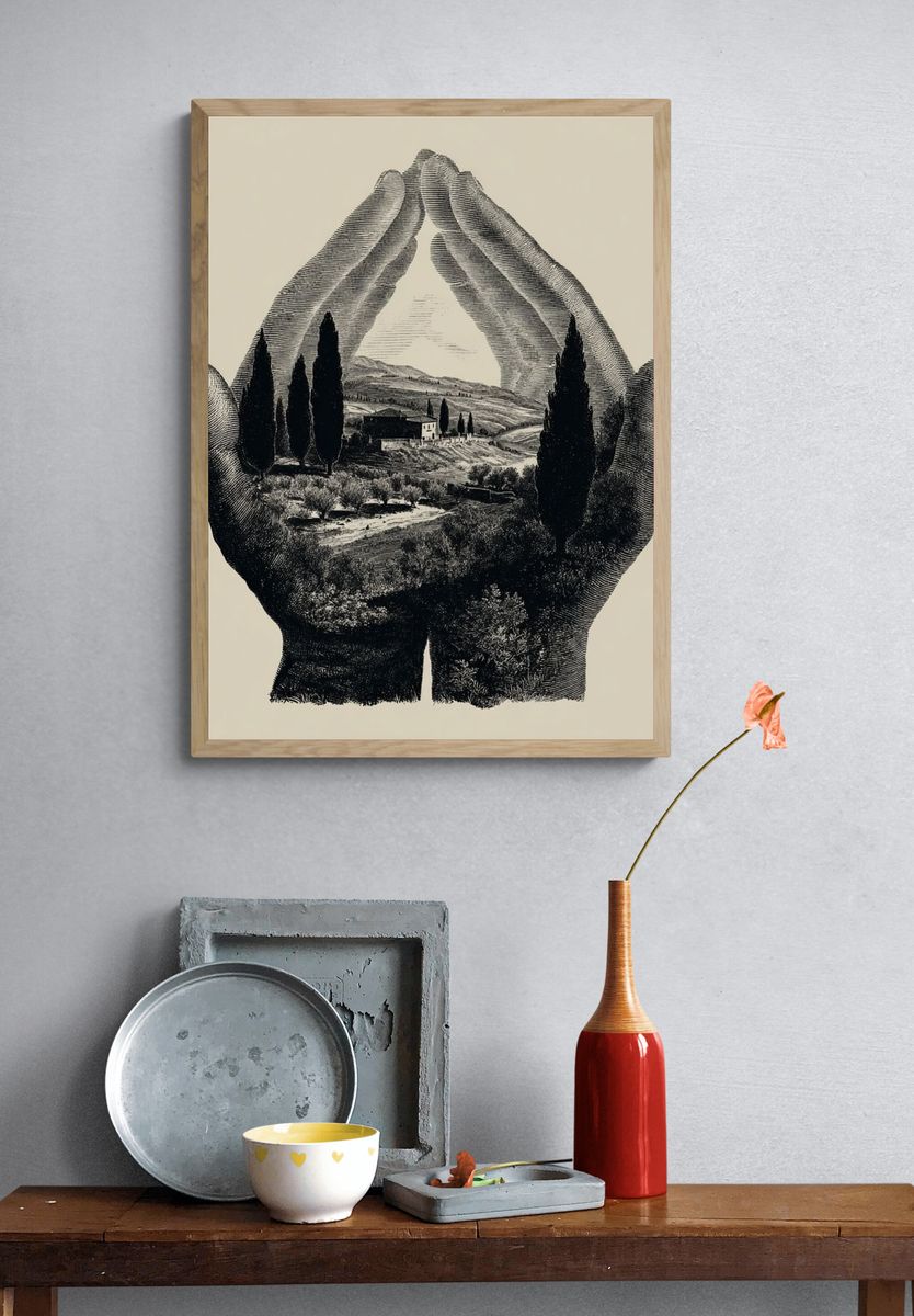 Hands Holding Landscape — Fine Art Print. — room view 3