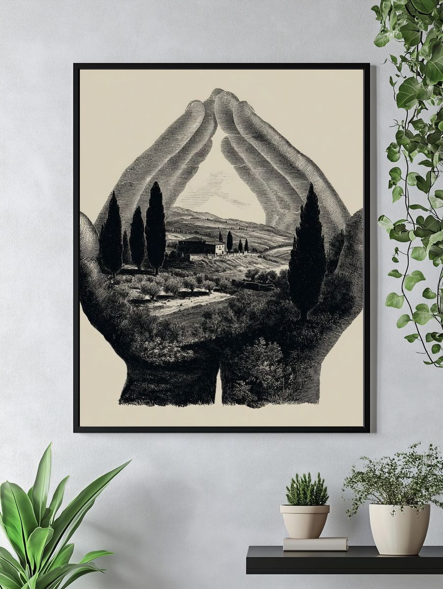 Hands Holding Landscape — Fine Art Print. — room view 4