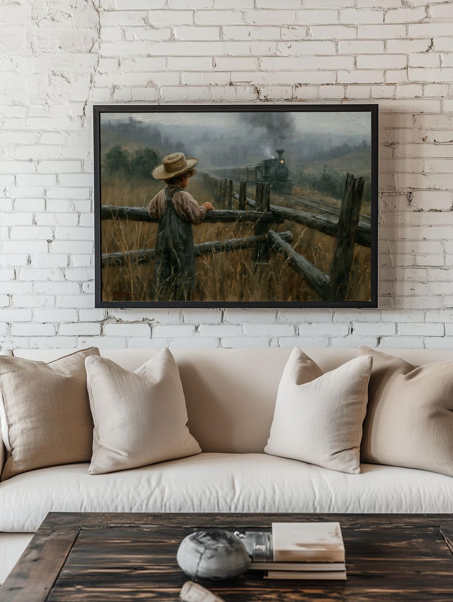 Boy Watching Steam Train Poster. room preview