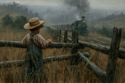 Boy Watching Steam Train Poster.