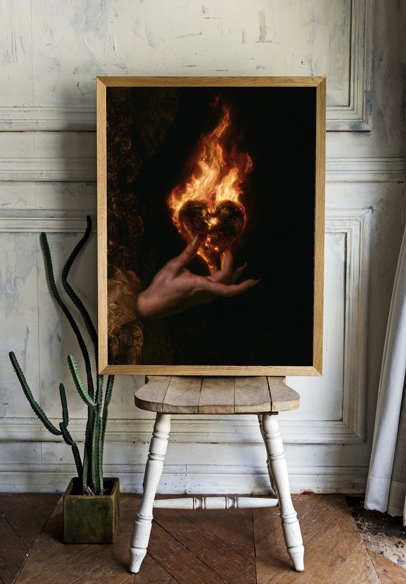 Burning Heart Surrealism Print. room preview