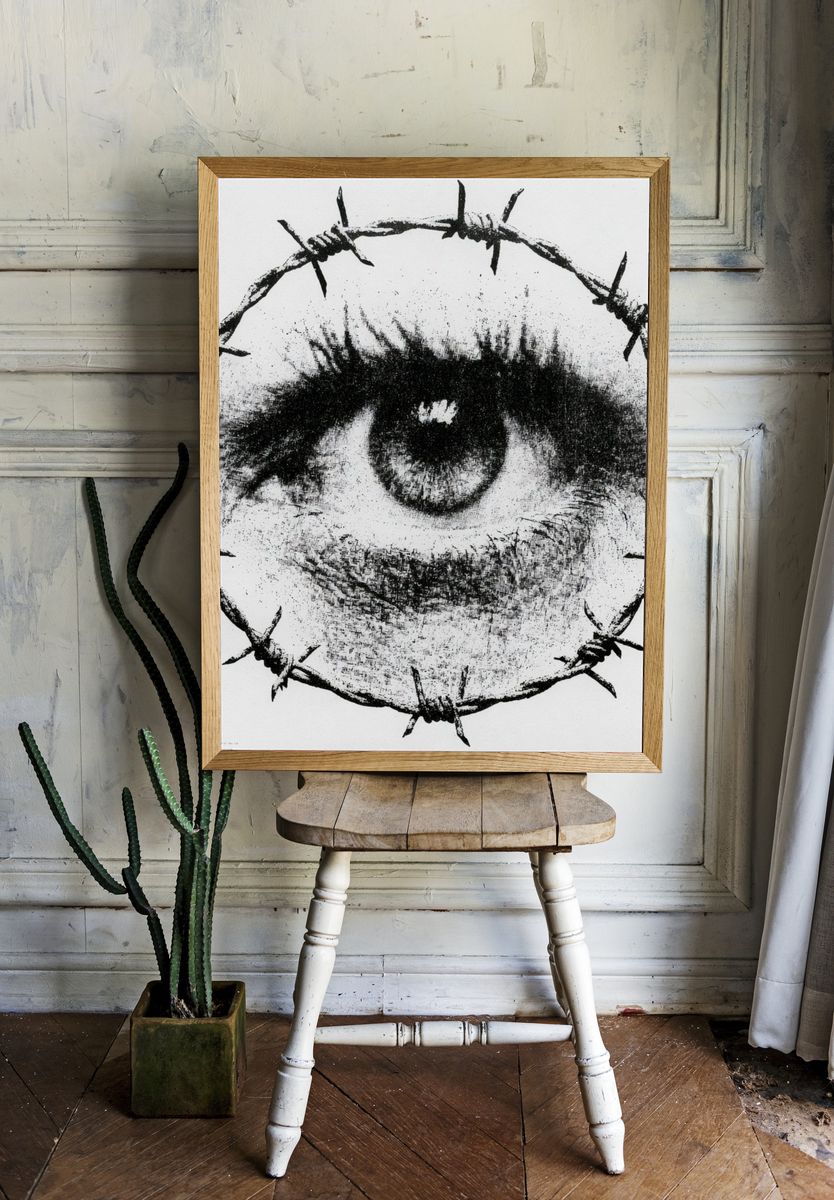 Barbed Wire Eye Typography Print. room preview