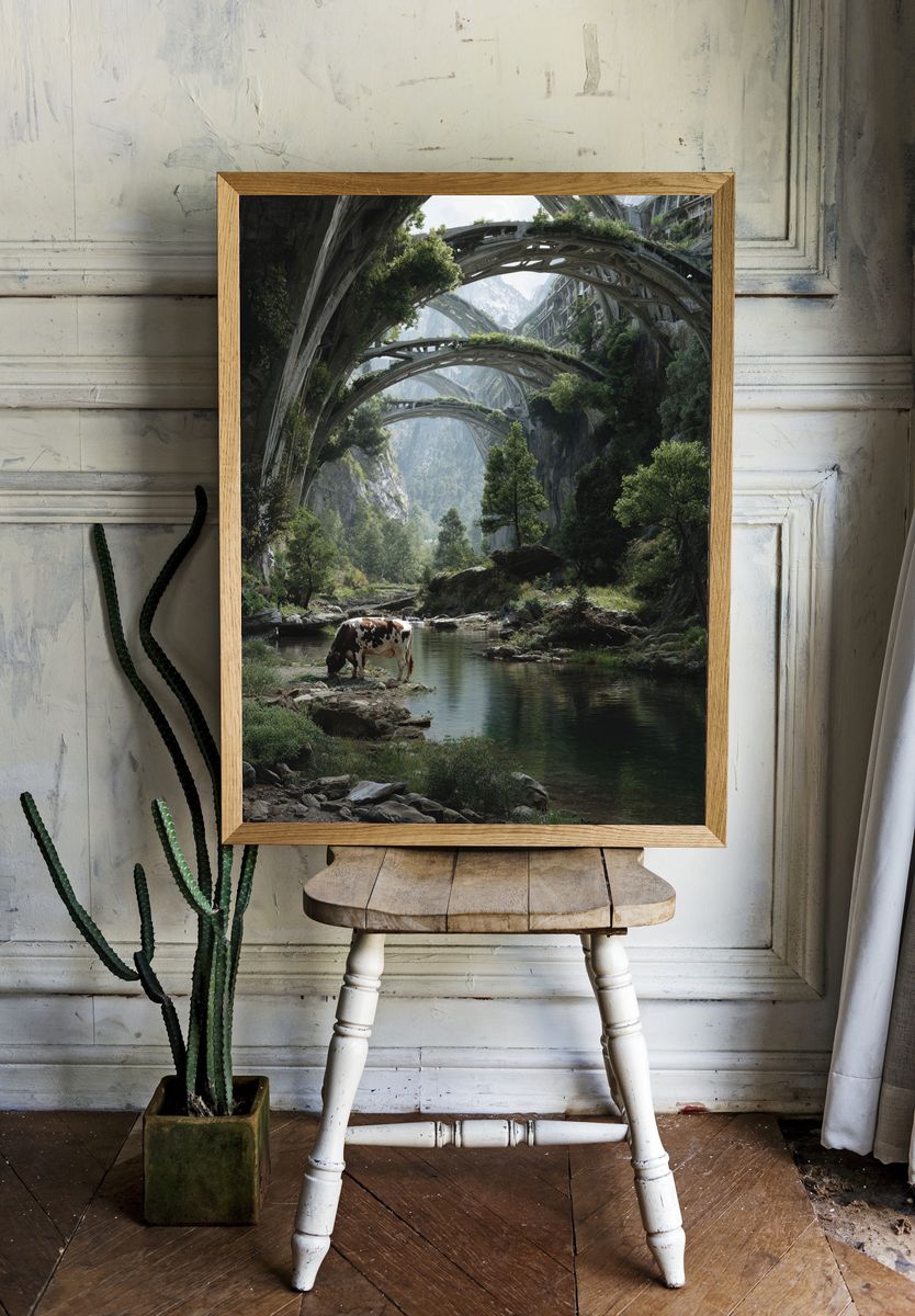 Futuristic Valley Cow Landscape Print. — room view 1