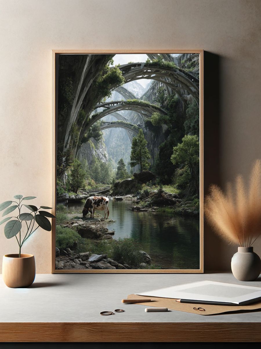 Futuristic Valley Cow Landscape Print. — room view 2