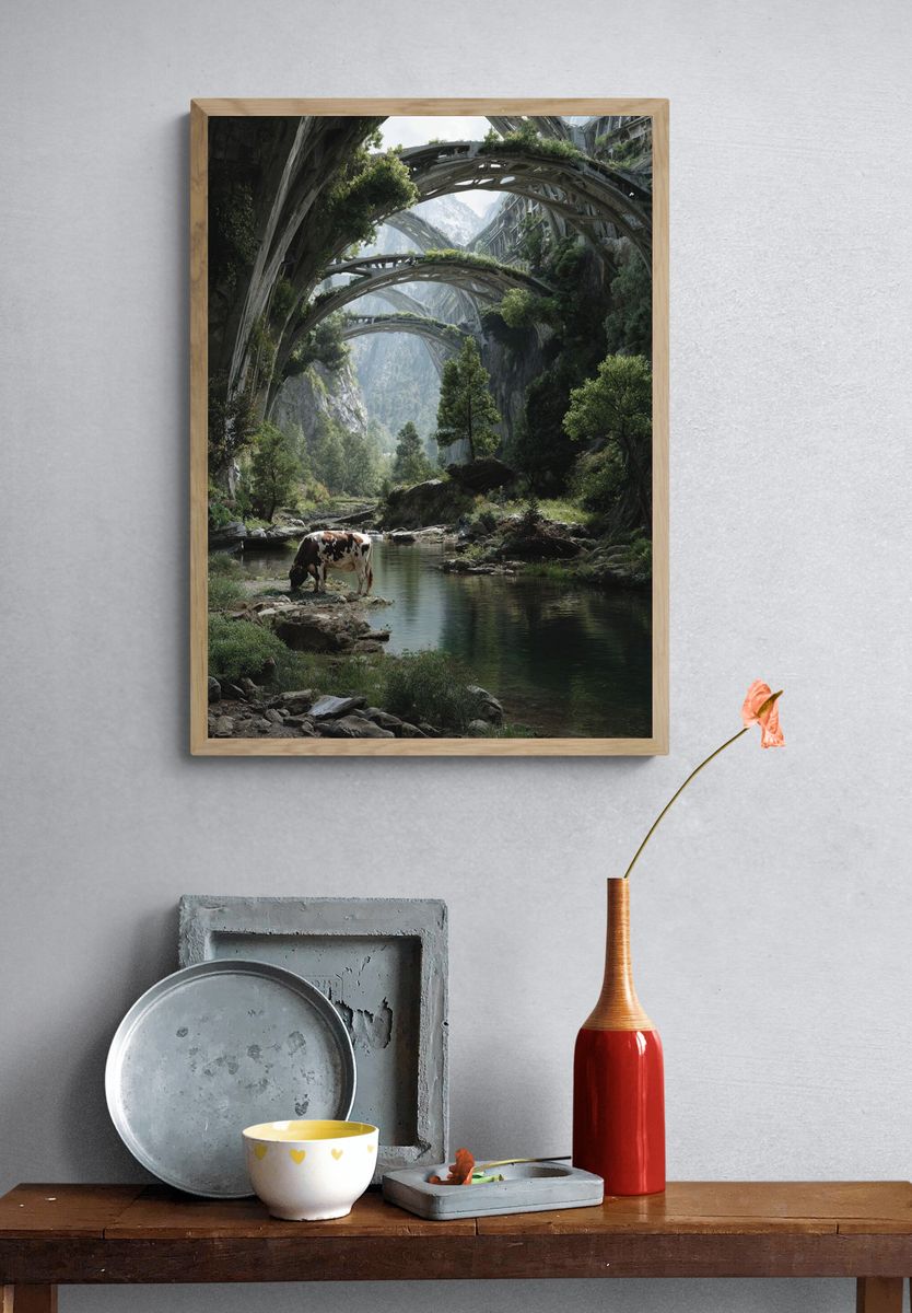 Futuristic Valley Cow Landscape Print. — room view 3