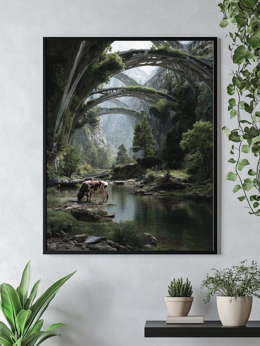 Futuristic Valley Cow Landscape Print. — room view 4
