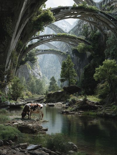 Futuristic Valley Cow Landscape Print.
