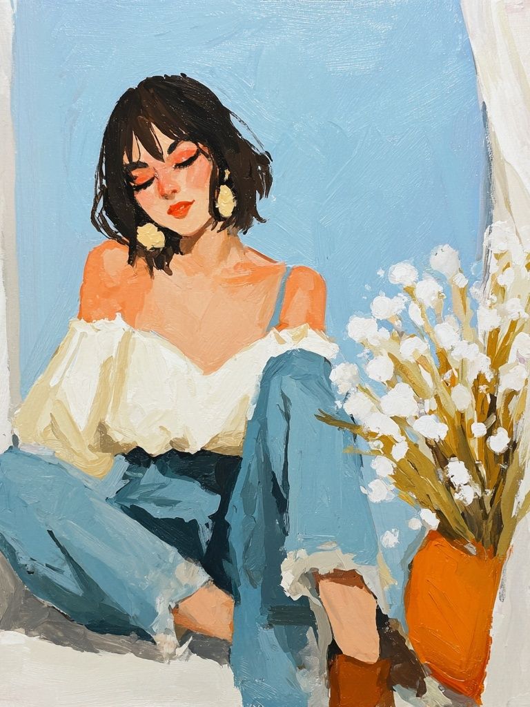 Blue Window Portrait Illustration Poster. poster detail