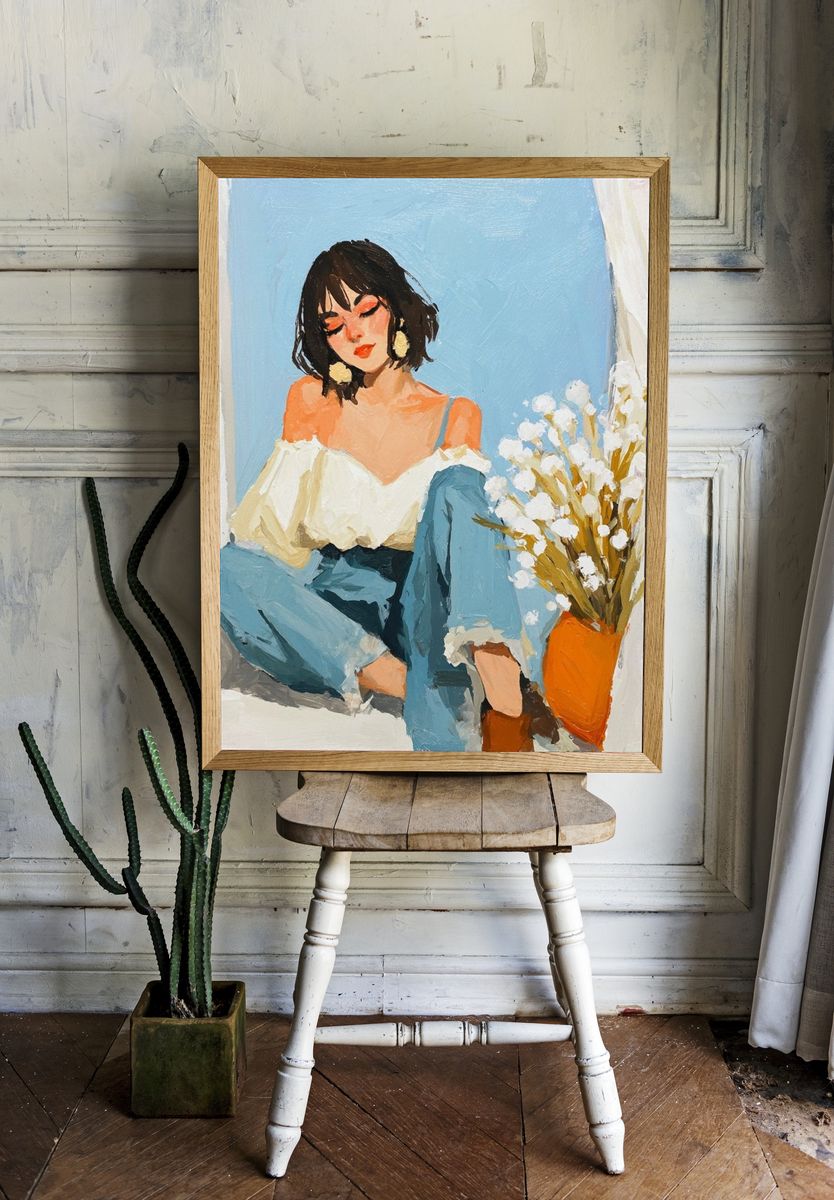 Blue Window Portrait Illustration Poster. — room view 1